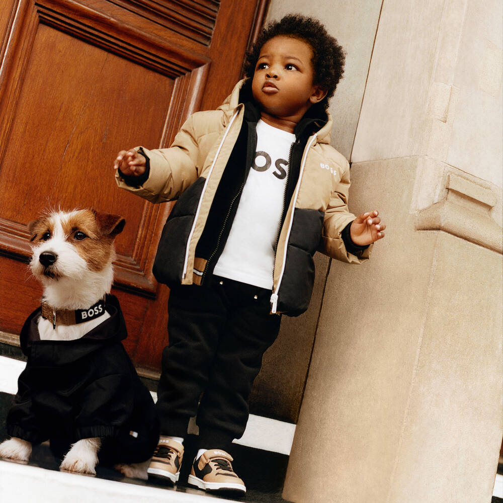 BOSS-Boys Beige & Black Hooded Down Jacket | Childrensalon Outlet