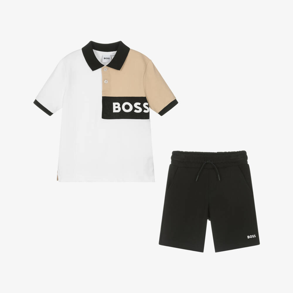 BOSS-طقم شورت رياضي بيج وأسود للأولاد | Childrensalon Outlet