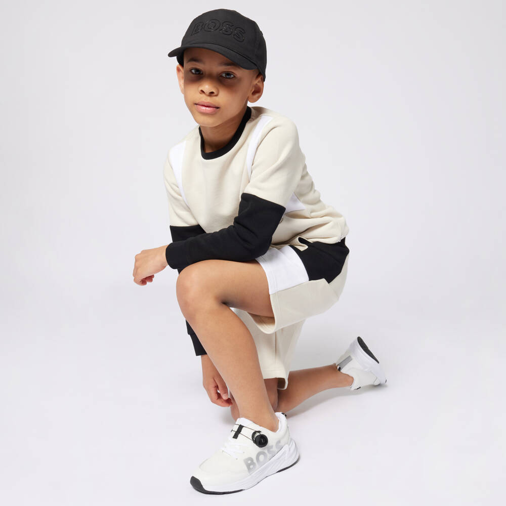 BOSS-Boys Beige Blocked Jersey Shorts | Childrensalon Outlet