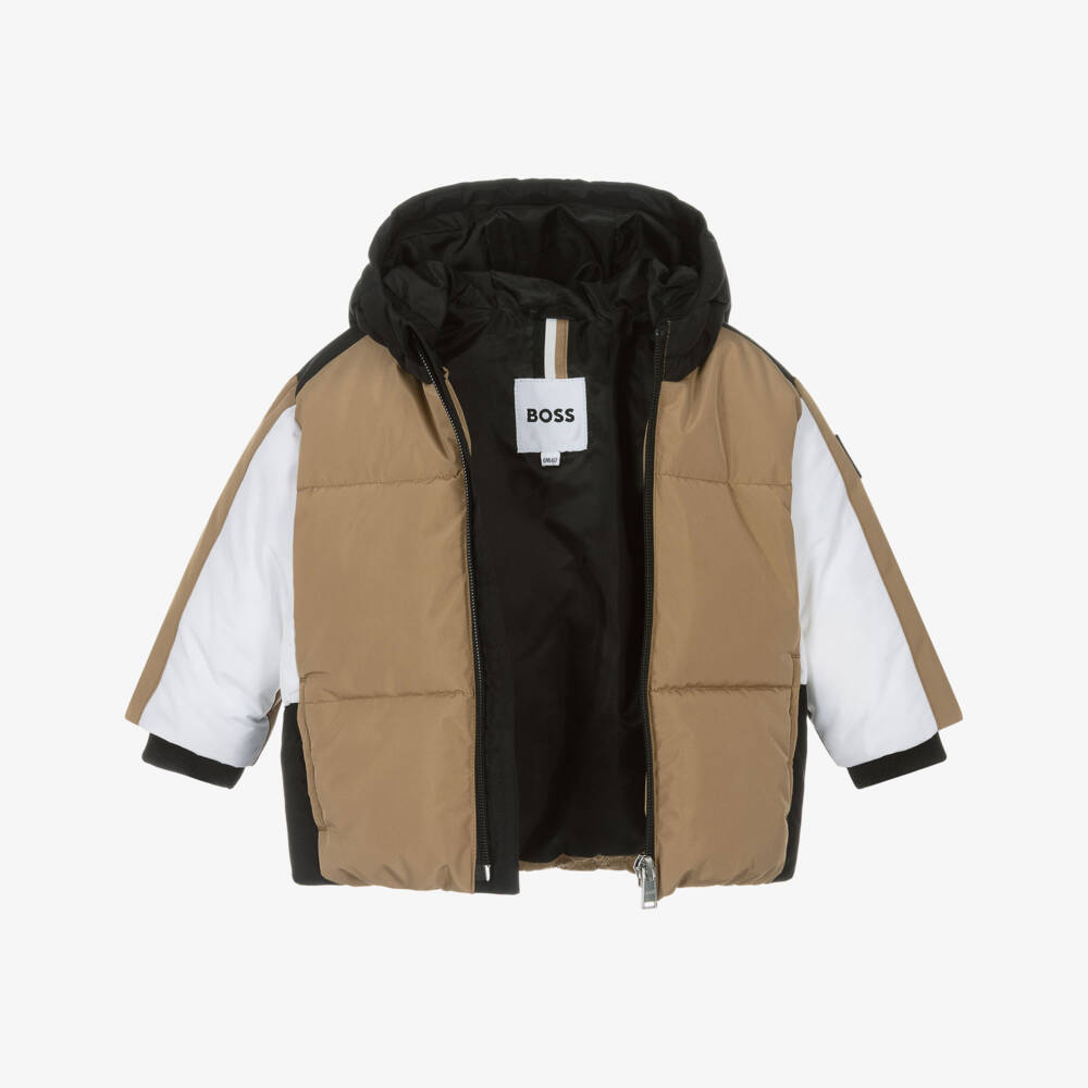 BOSS-Пуховик бежевый с цветными блоками для мальчиков | Childrensalon Outlet