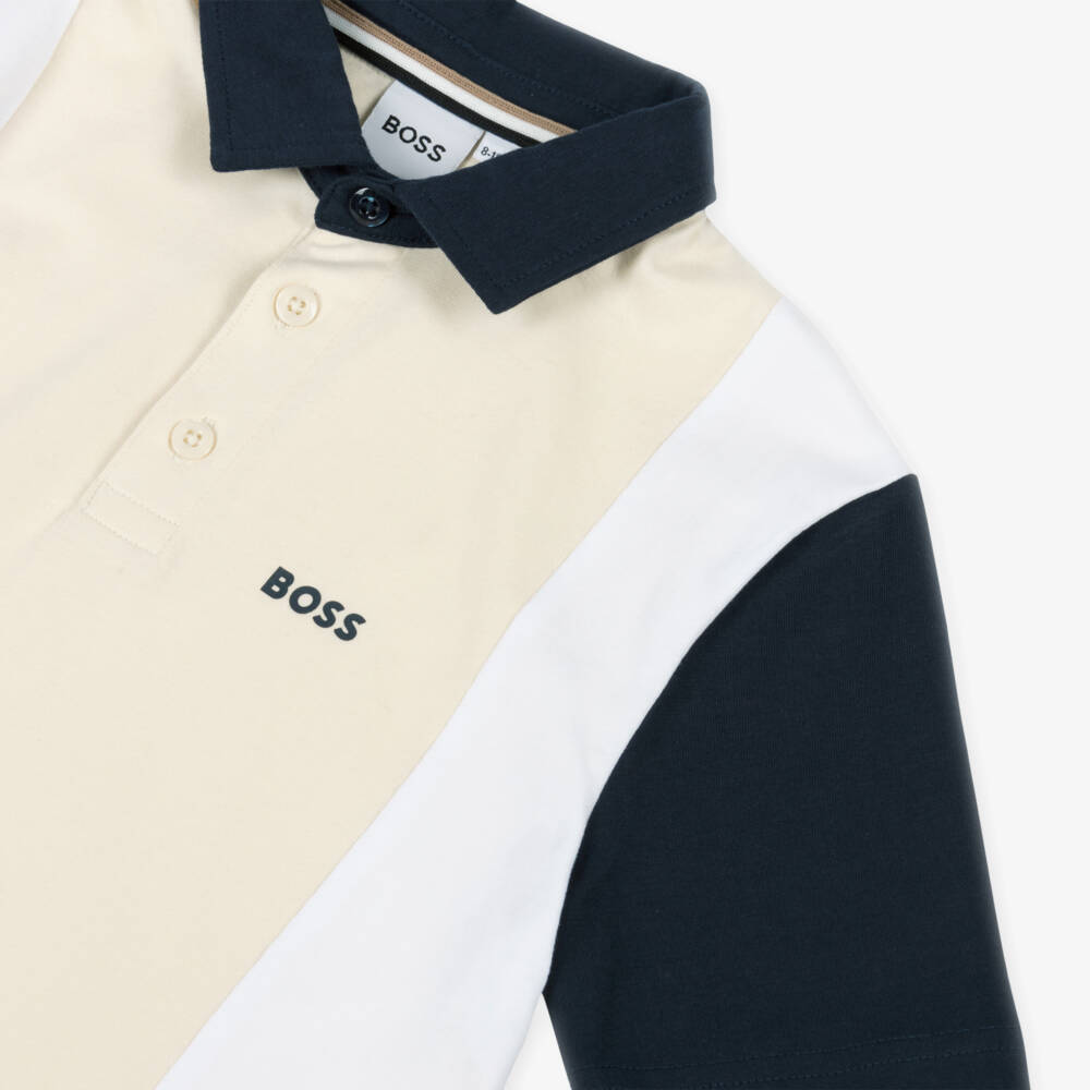BOSS-Boys Beige Cotton Block Polo | Childrensalon Outlet