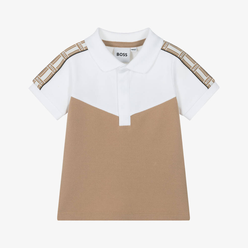 BOSS-Boys Beige Cotton Block Polo | Childrensalon Outlet
