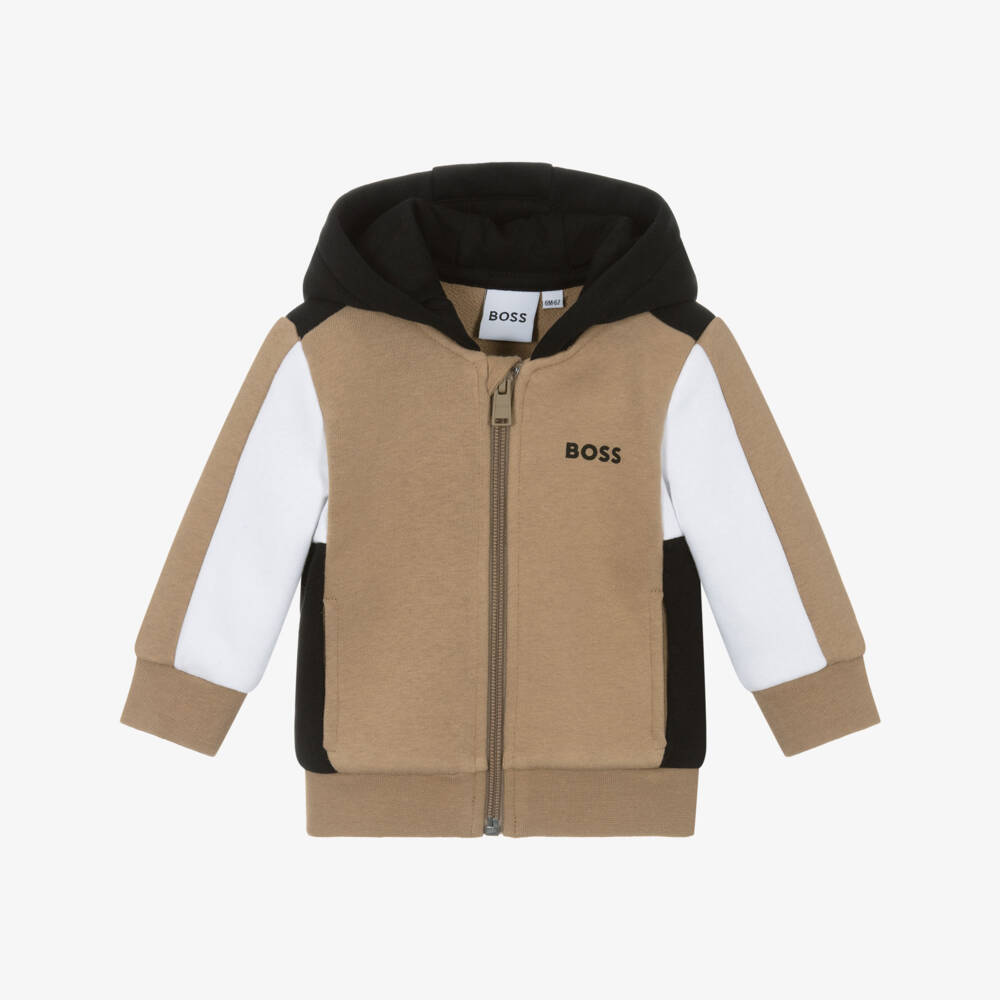 BOSS-Boys Beige Cotton Colourblock Zip-Up Top | Childrensalon Outlet