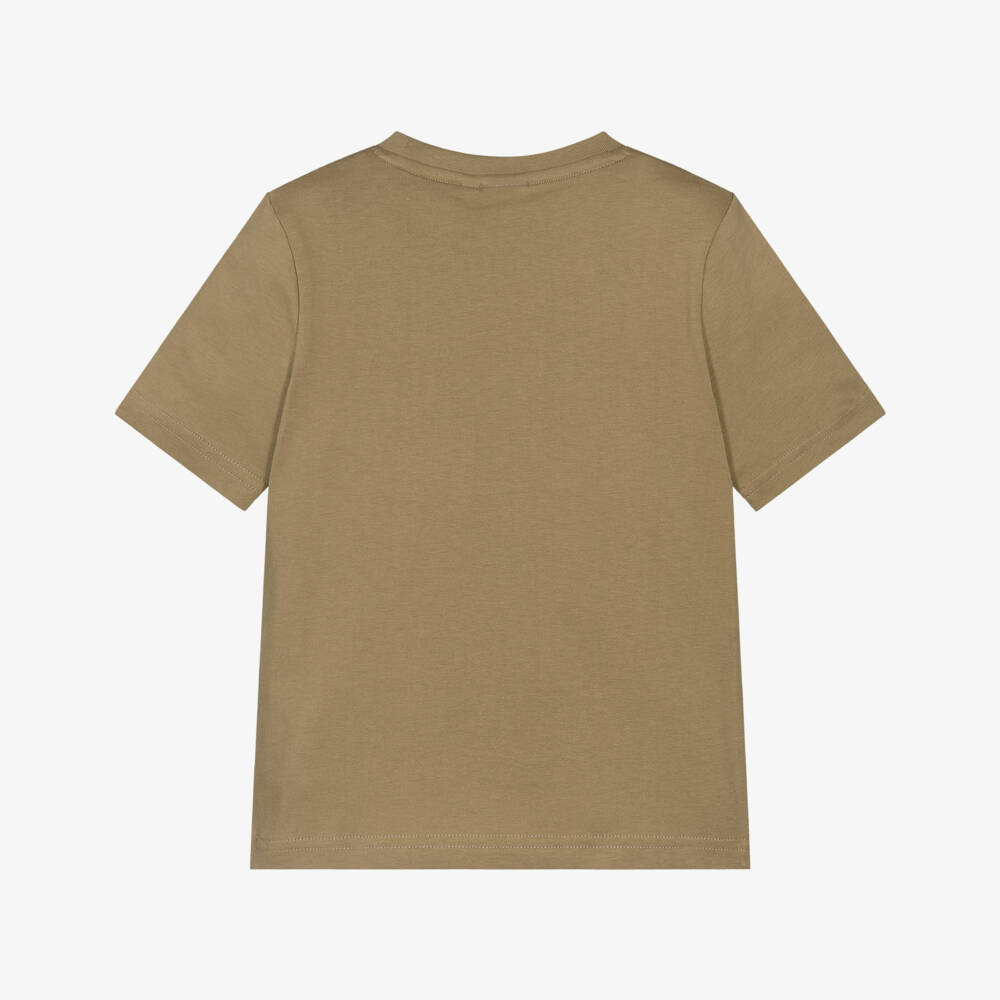 BOSS-Boys Beige Cotton Crew Neck T-Shirt with Logo Print | Childrensalon Outlet