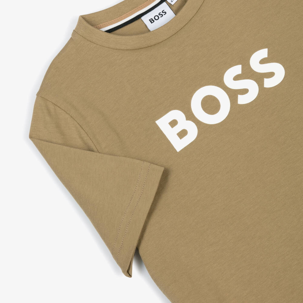 BOSS-Boys Beige Cotton Crew Neck T-Shirt with Logo Print | Childrensalon Outlet
