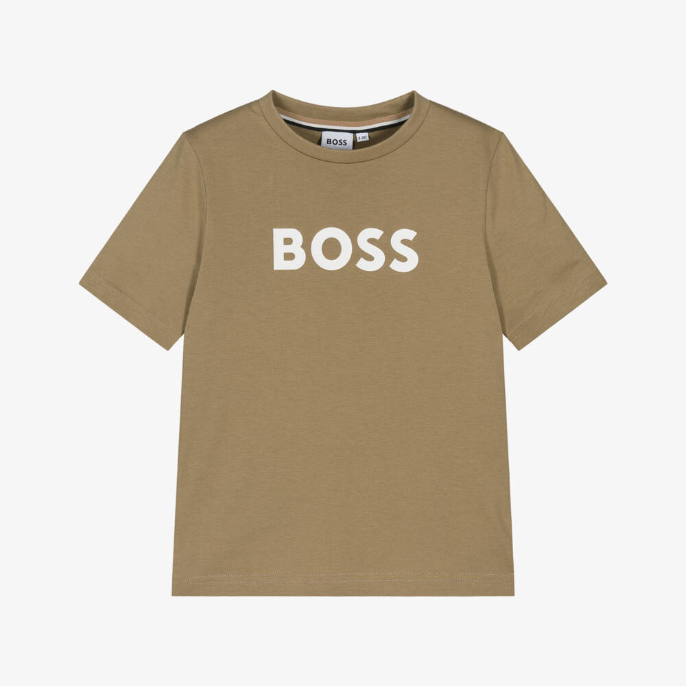 BOSS-Boys Beige Cotton Crew Neck T-Shirt with Logo Print | Childrensalon Outlet