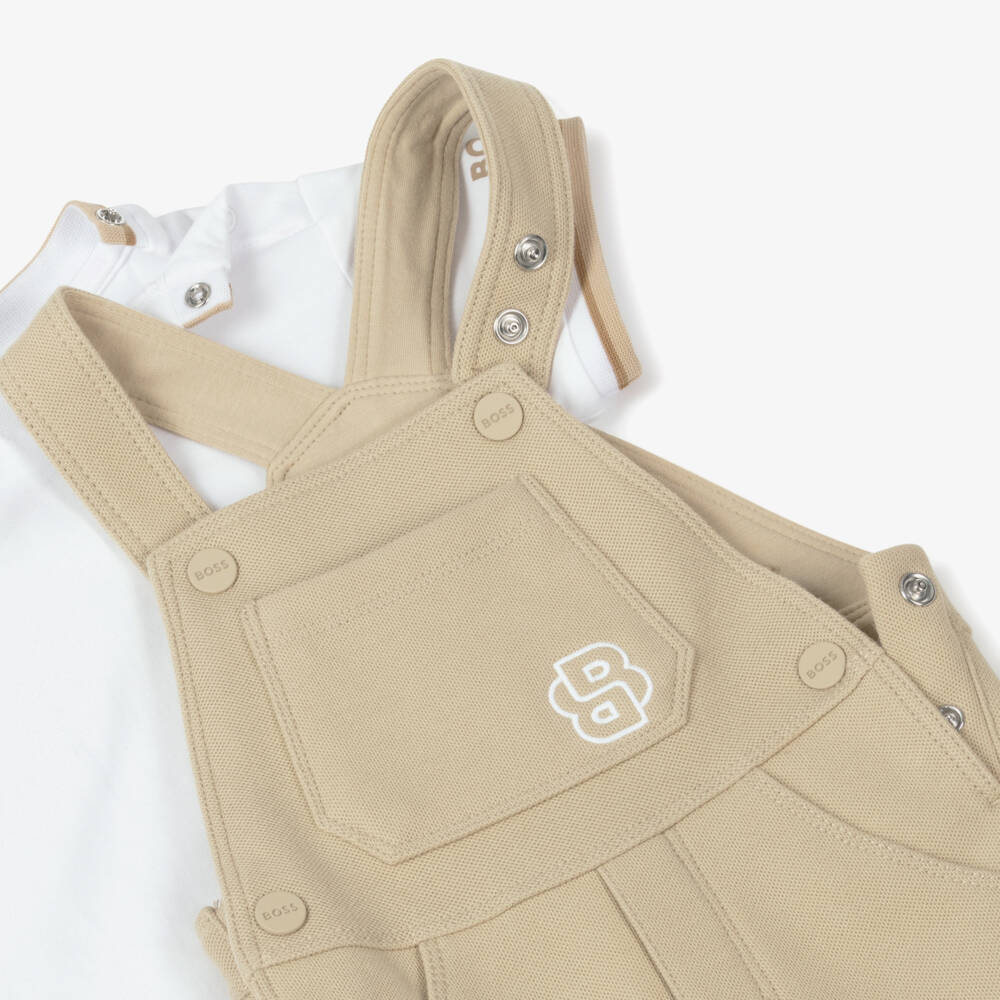 BOSS-Boys Beige Cotton Dungaree Ensemble | Childrensalon Outlet