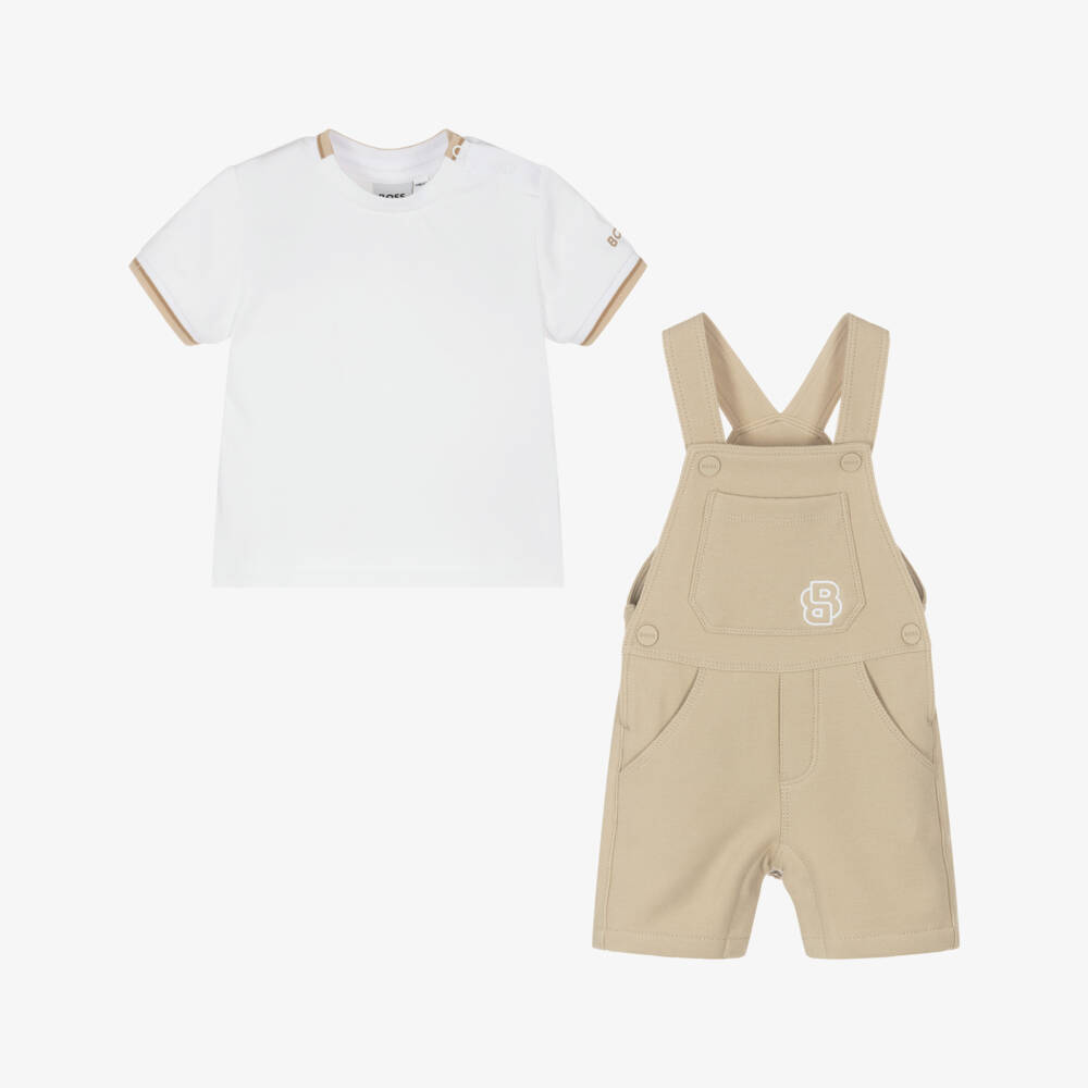 BOSS-Boys Beige Cotton Dungaree Ensemble | Childrensalon Outlet