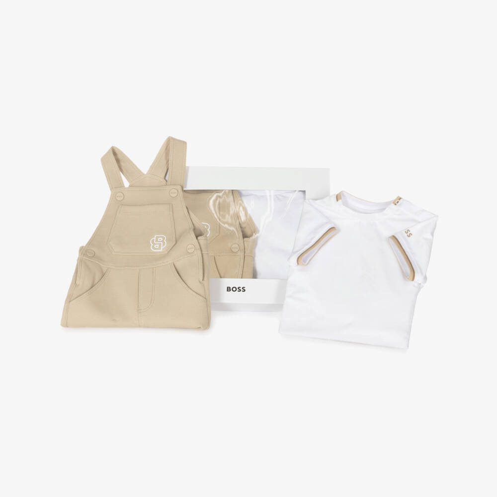 BOSS-Boys Beige Cotton Dungaree Ensemble | Childrensalon Outlet