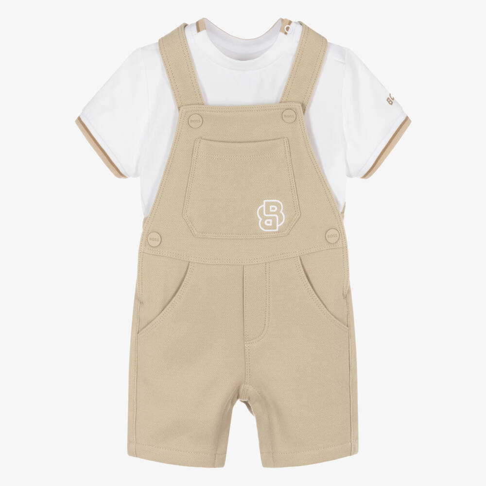 BOSS-Boys Beige Cotton Dungaree Ensemble | Childrensalon Outlet