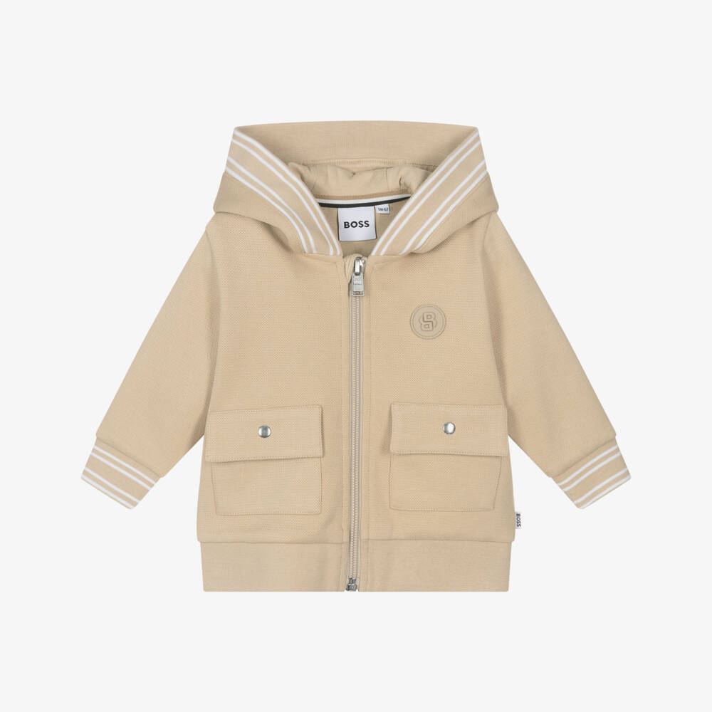 BOSS-Boys Beige Cotton Hooded Zip-Up | Childrensalon Outlet
