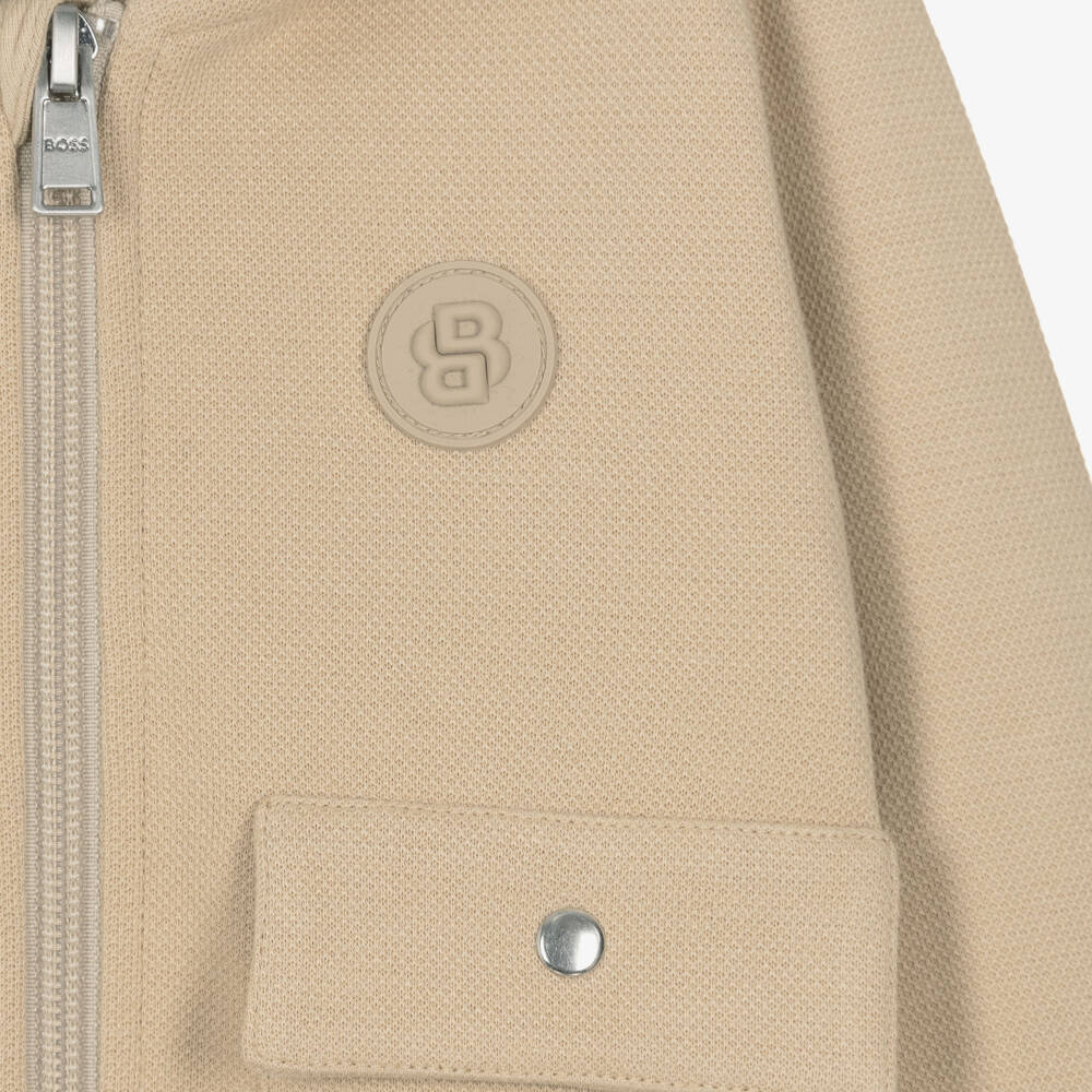 BOSS-Boys Beige Cotton Hooded Zip-Up | Childrensalon Outlet