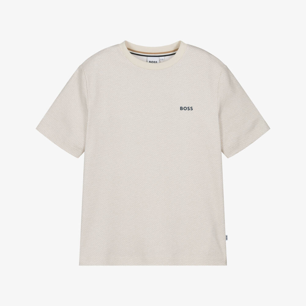 BOSS-Boys Beige Cotton Jersey Monogram T-Shirt | Childrensalon Outlet