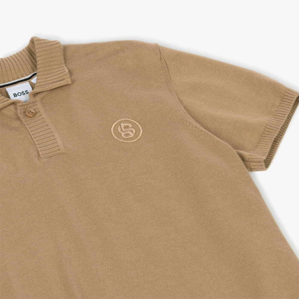 BOSS-Boys Beige Cotton Knit Double B Polo Shirt | Childrensalon Outlet