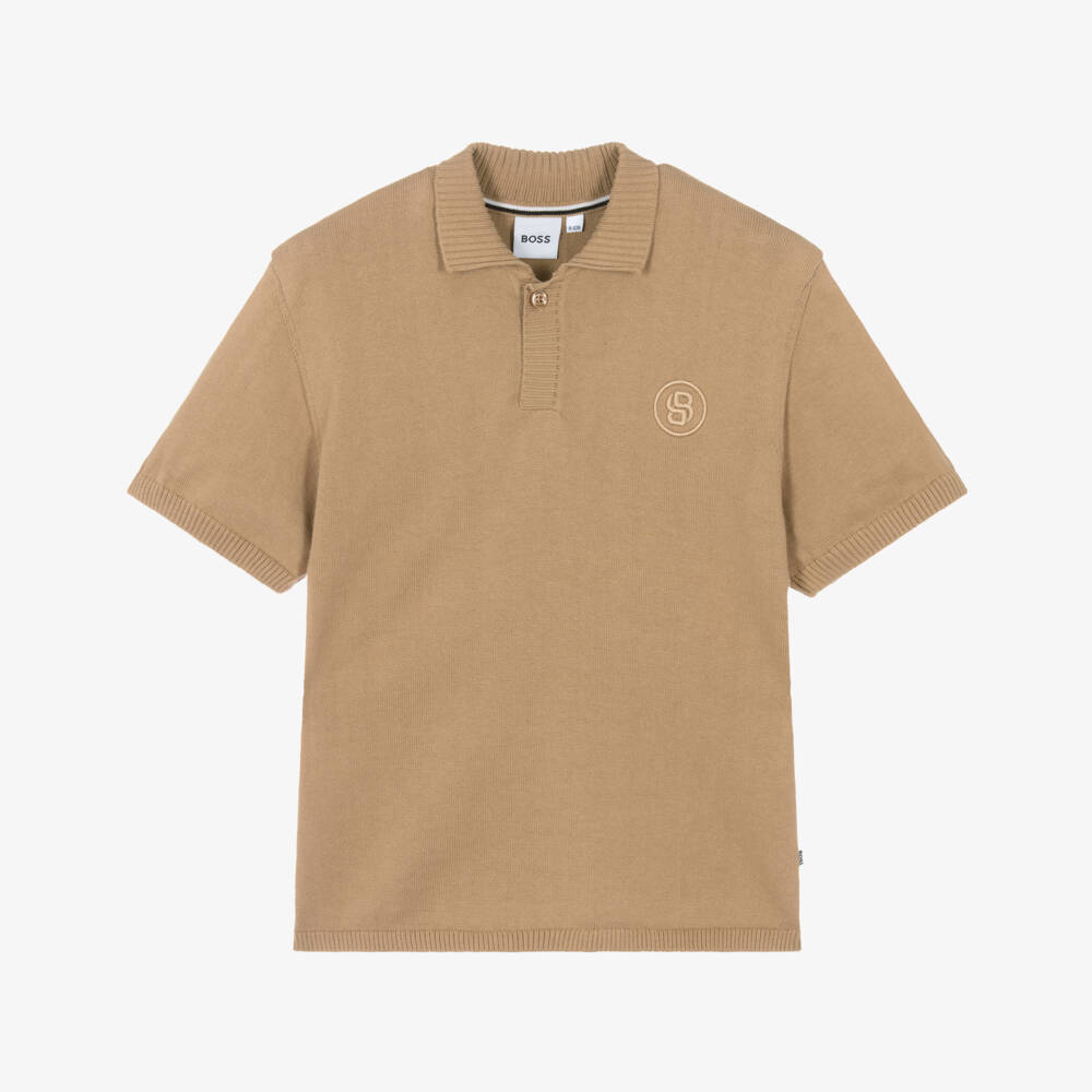BOSS-Boys Beige Cotton Knit Double B Polo Shirt | Childrensalon Outlet