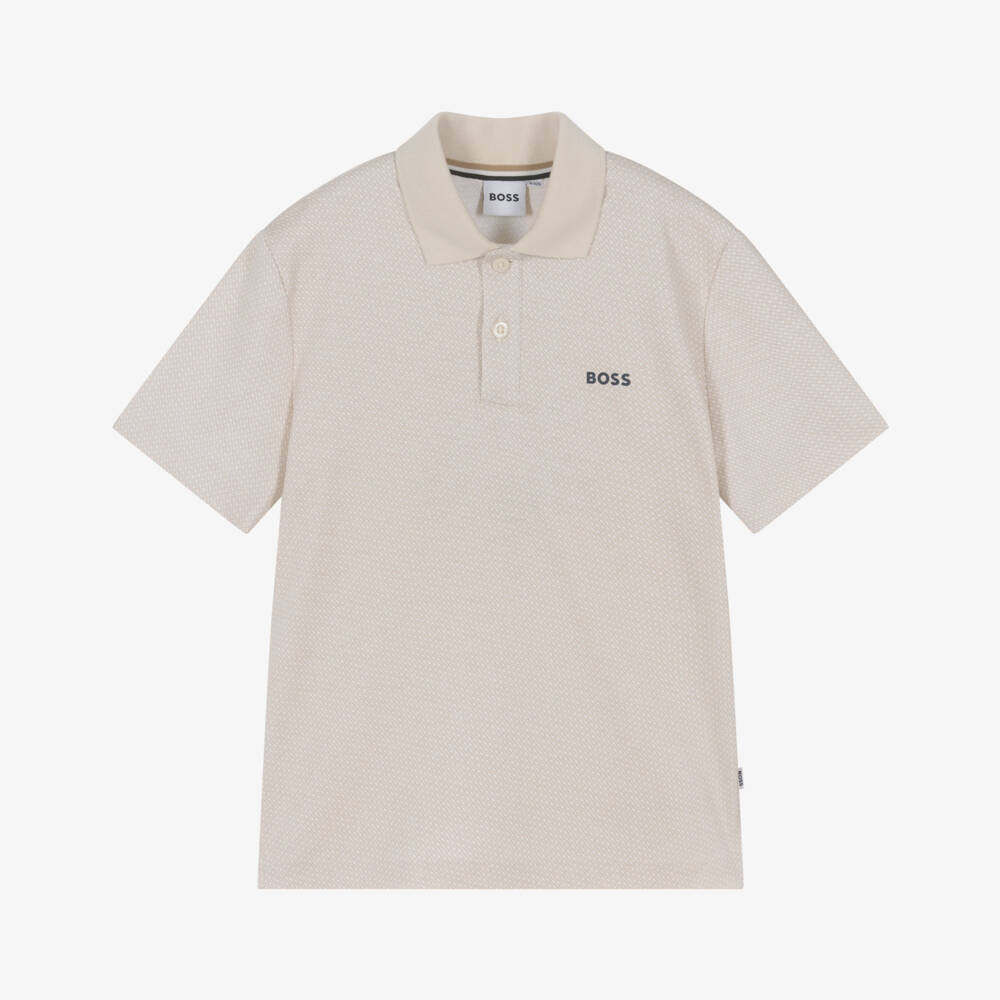 BOSS-Boys Beige Cotton Polo Shirt with Monogram Print | Childrensalon Outlet