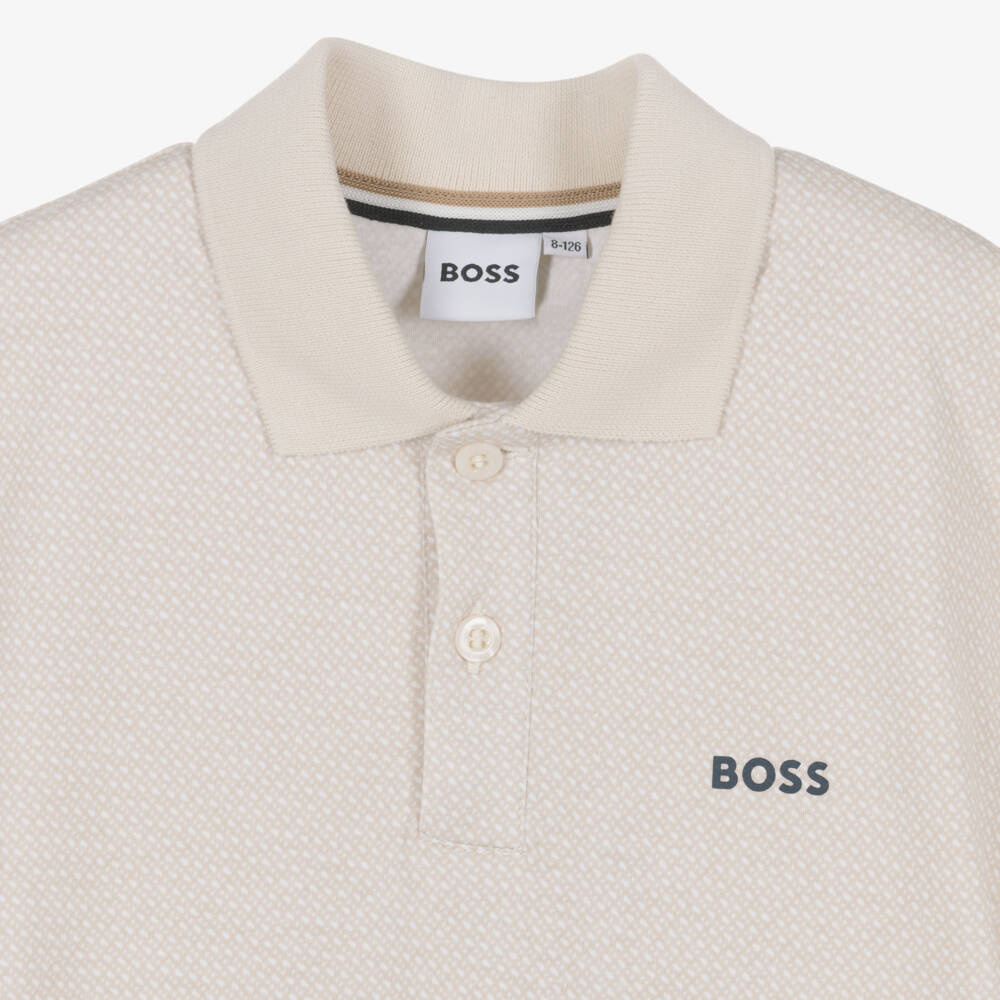 BOSS-Boys Beige Cotton Polo Shirt with Monogram Print | Childrensalon Outlet