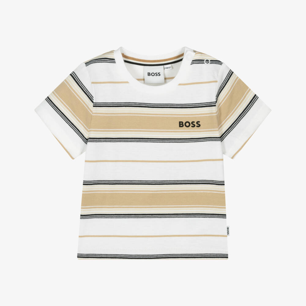 BOSS-Boys Beige Cotton Stripe Tee | Childrensalon Outlet