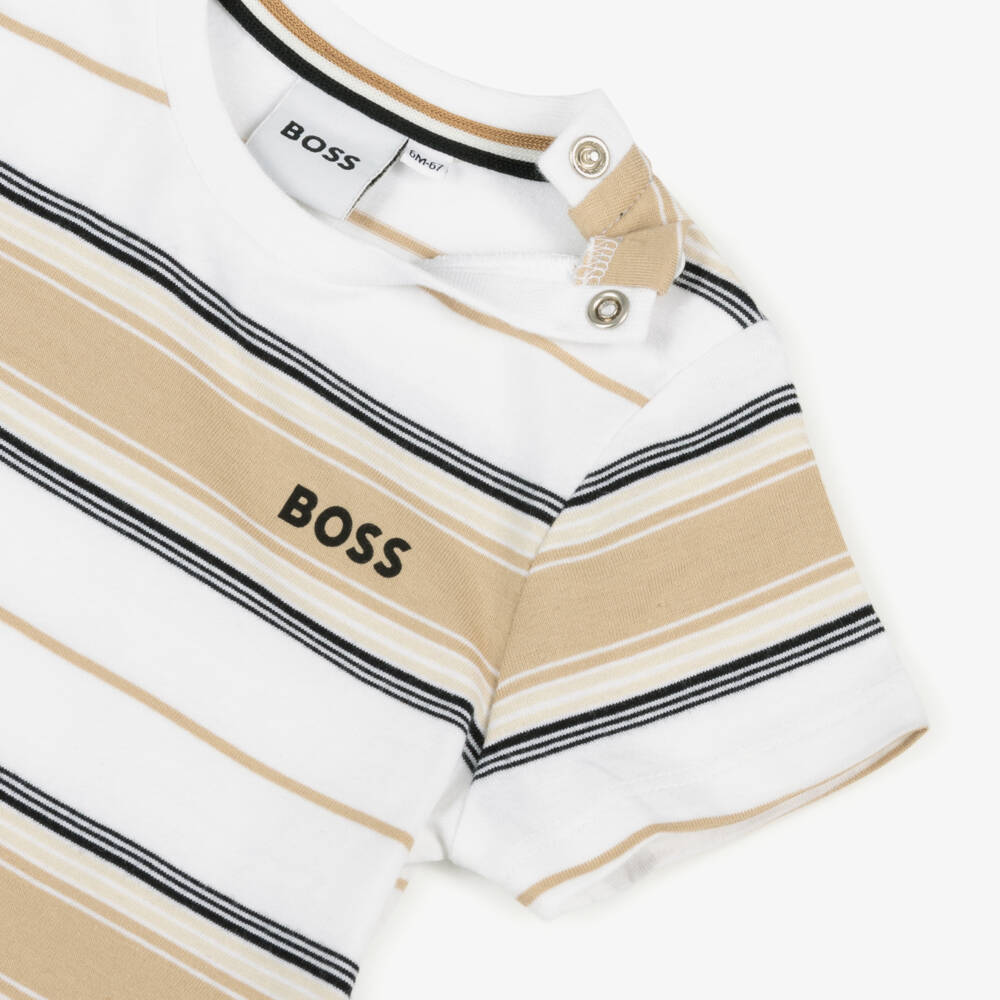 BOSS-تيشيرت مخطط من القطن البيج للأولاد | Childrensalon Outlet