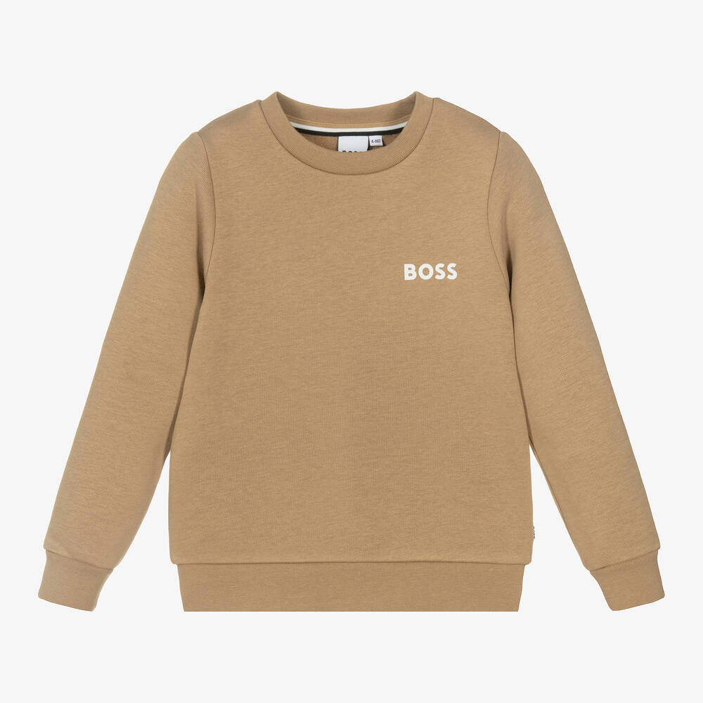BOSS-سويتشيرت مزيج قطن لون بيج داكن للأولاد | Childrensalon Outlet