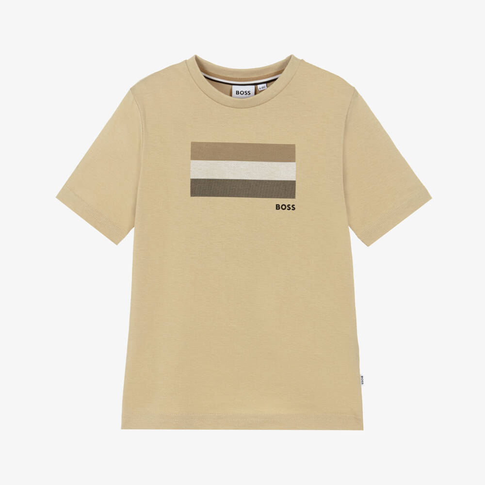 BOSS-Boys Beige Cotton T-Shirt with Tricolour Logo Print | Childrensalon Outlet