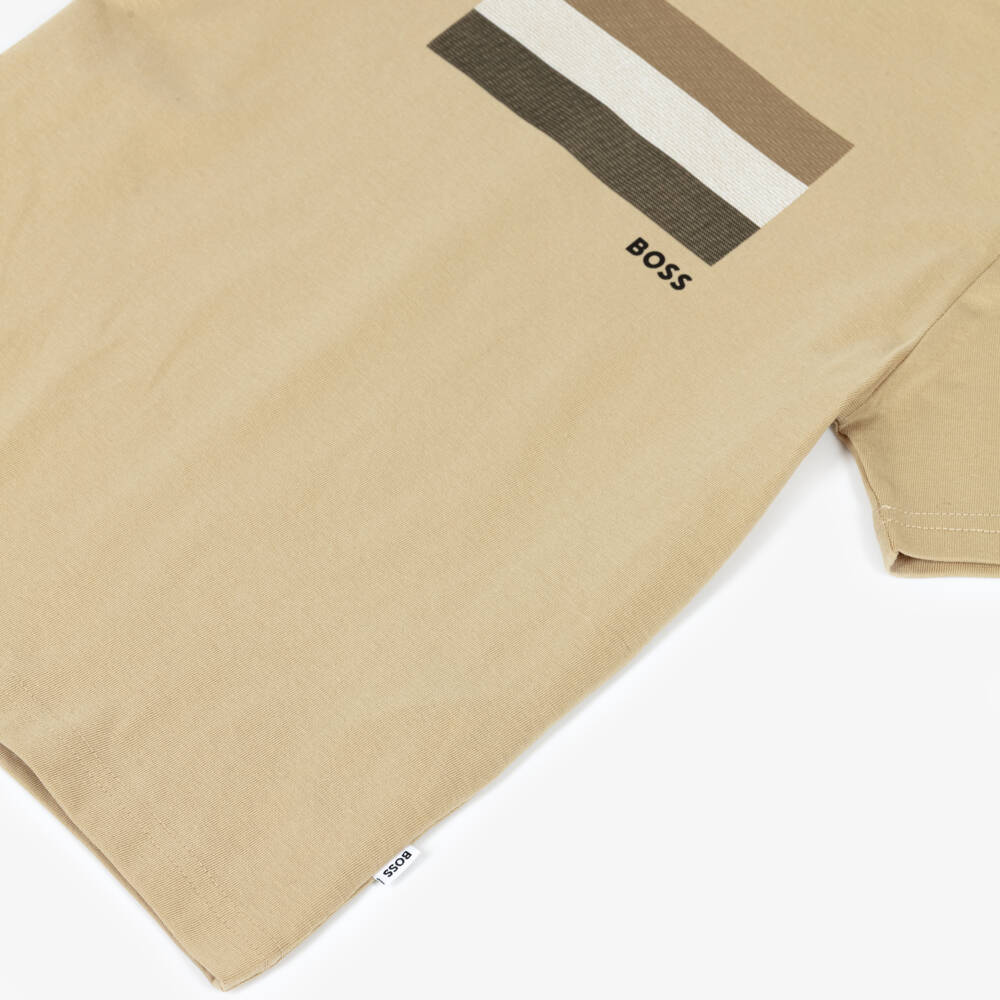 BOSS-Boys Beige Cotton T-Shirt with Tricolour Logo Print | Childrensalon Outlet