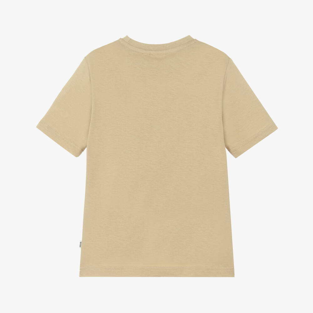 BOSS-Boys Beige Cotton T-Shirt with Tricolour Logo Print | Childrensalon Outlet