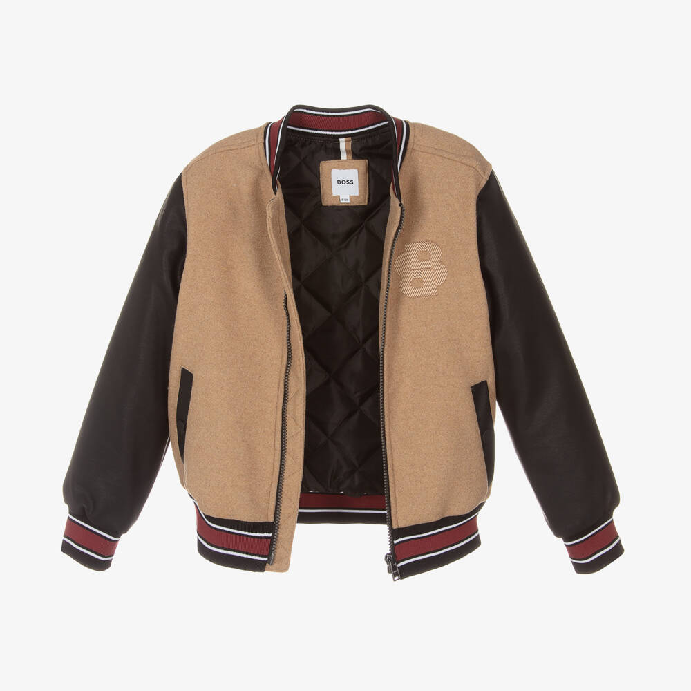 BOSS-Boys Beige Double B Bomber Jacket | Childrensalon Outlet