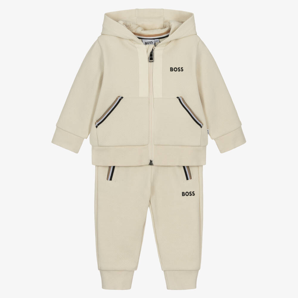 BOSS-Boys Beige Jersey Tracksuit with Tricolour Striped Trims | Childrensalon Outlet