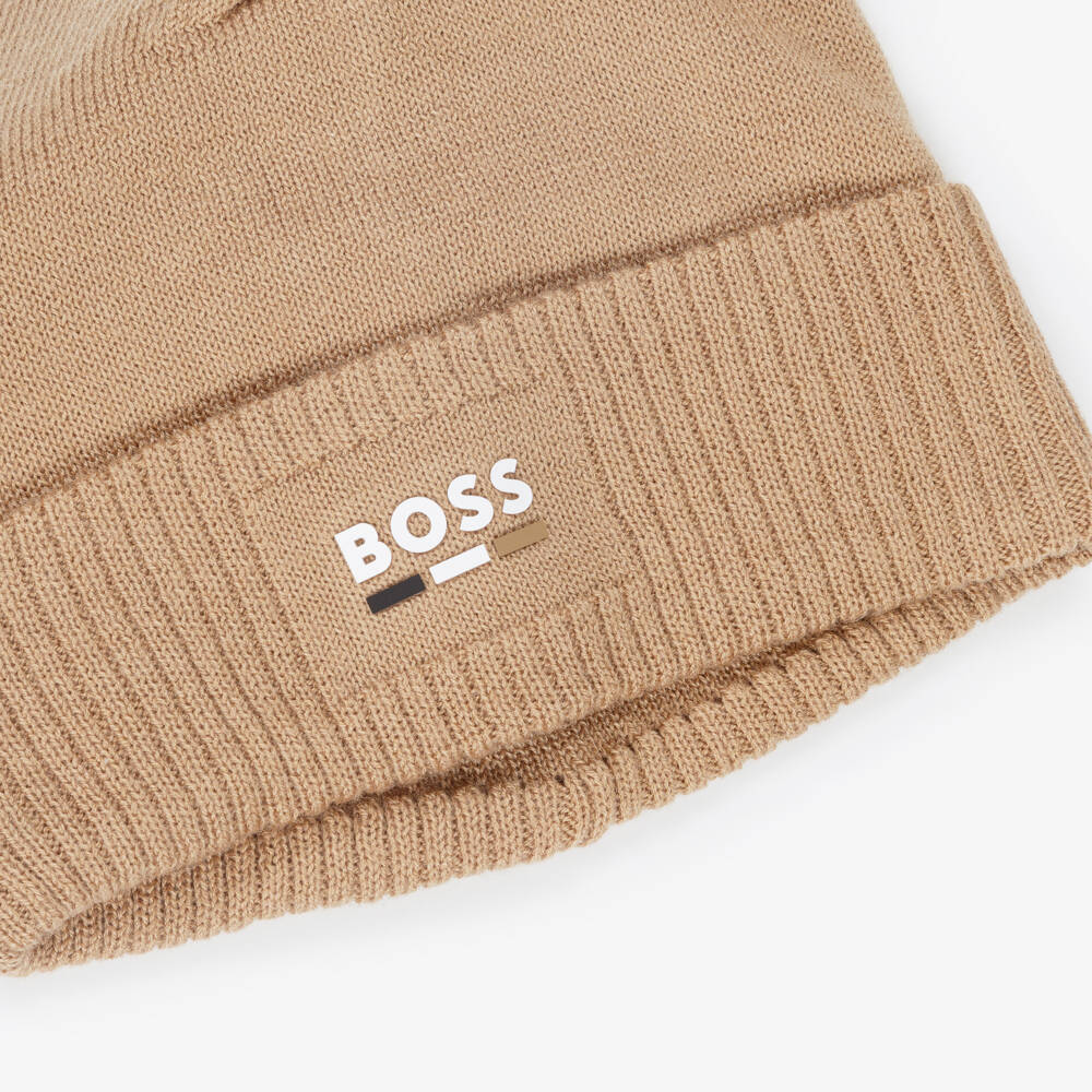 BOSS-Boys Beige Knit Logo Beanie | Childrensalon Outlet