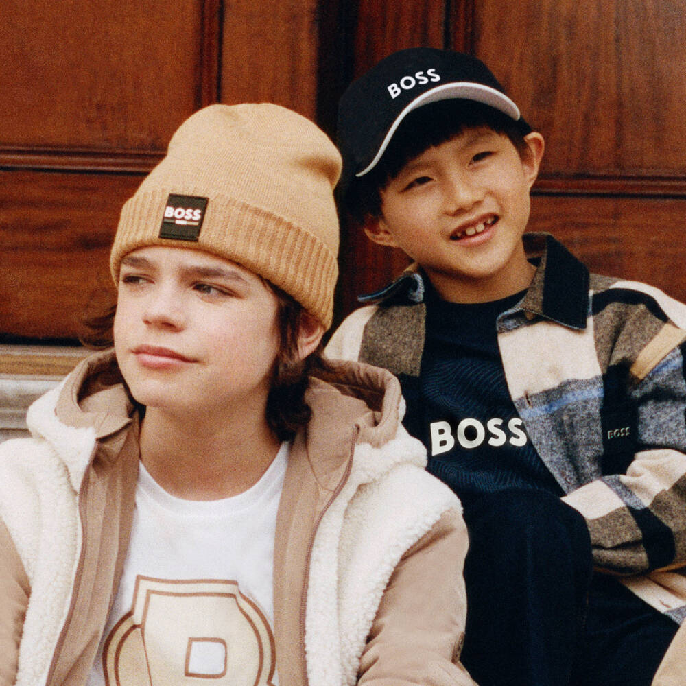 BOSS-Boys Beige Knitted Logo Hat | Childrensalon Outlet