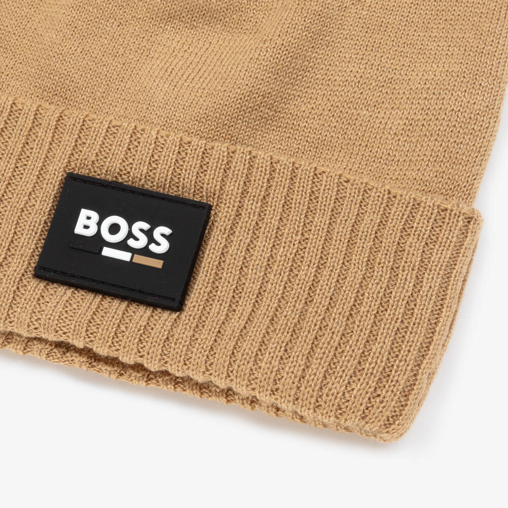 BOSS-Boys Beige Knitted Logo Hat | Childrensalon Outlet