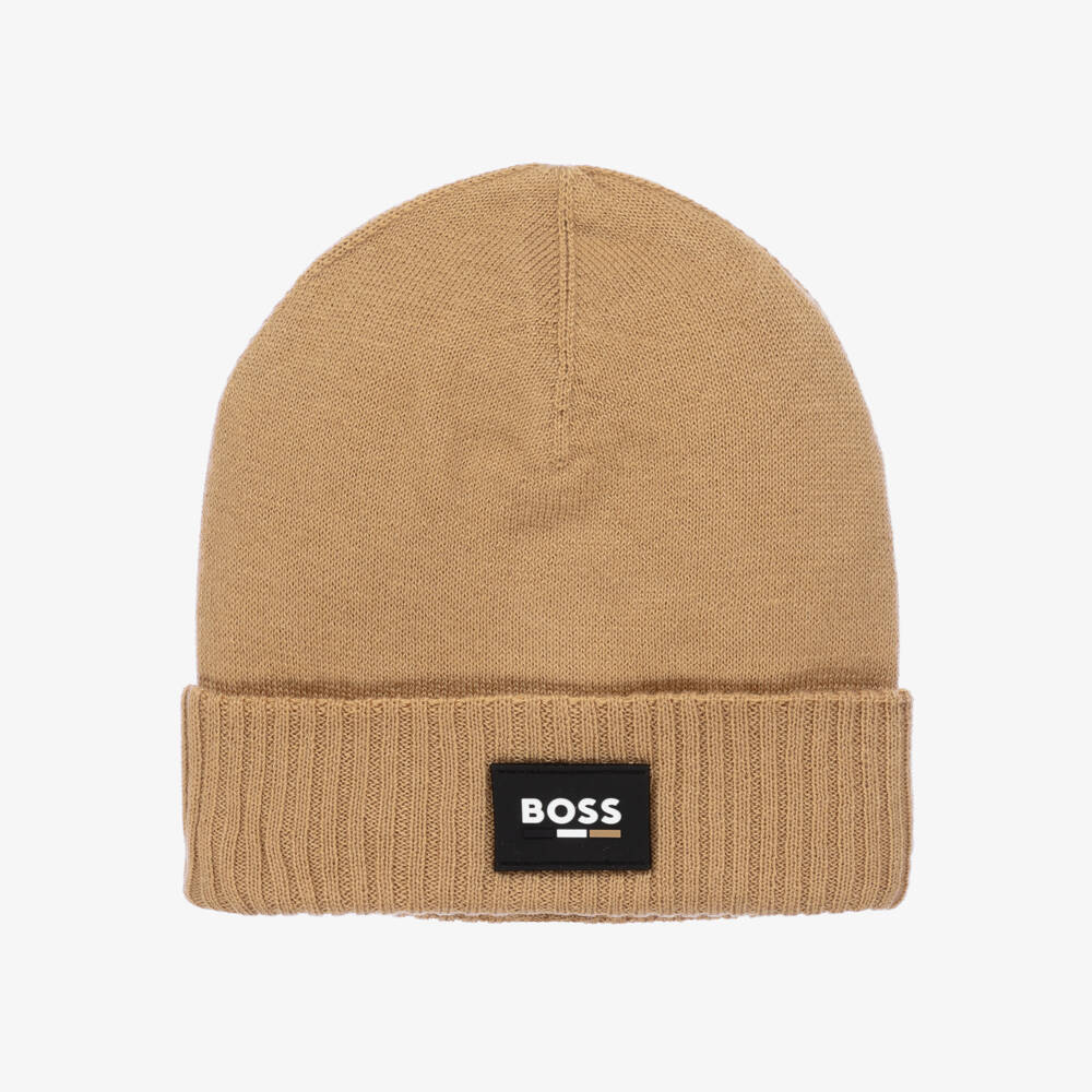 BOSS-Бежевая вязаная шапка-бини для мальчиков | Childrensalon Outlet