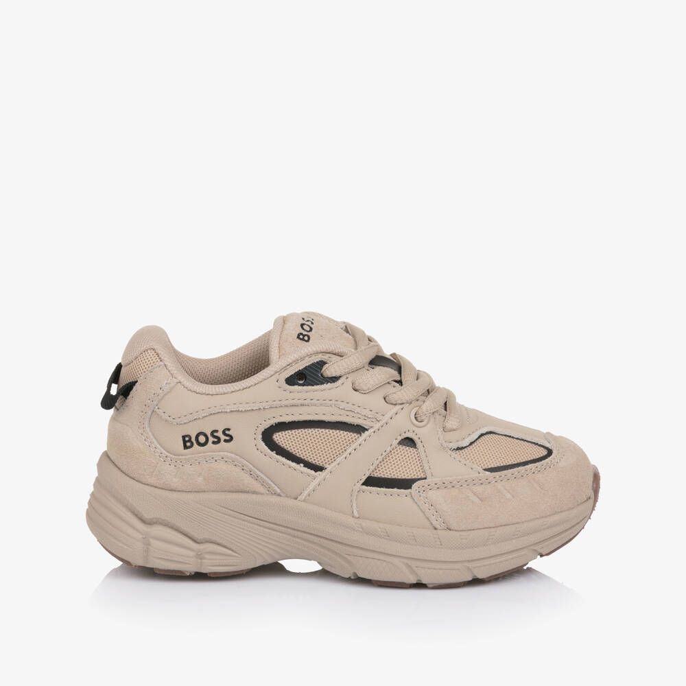 BOSS-Boys Beige Leather & Mesh Logo Trainers | Childrensalon Outlet