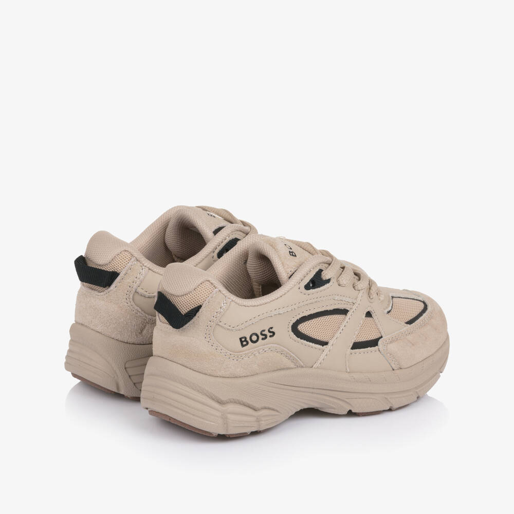 BOSS-Boys Beige Leather & Mesh Logo Trainers | Childrensalon Outlet