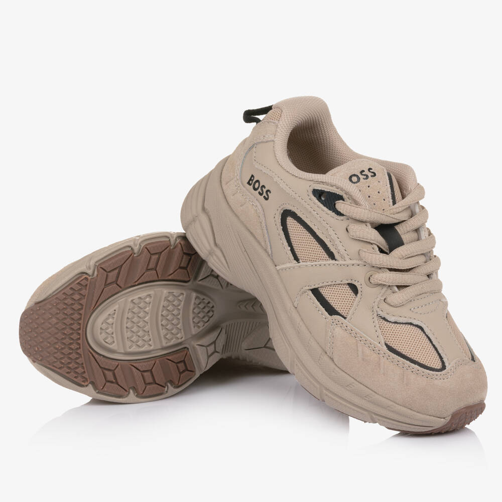 BOSS-Boys Beige Leather & Mesh Logo Trainers | Childrensalon Outlet