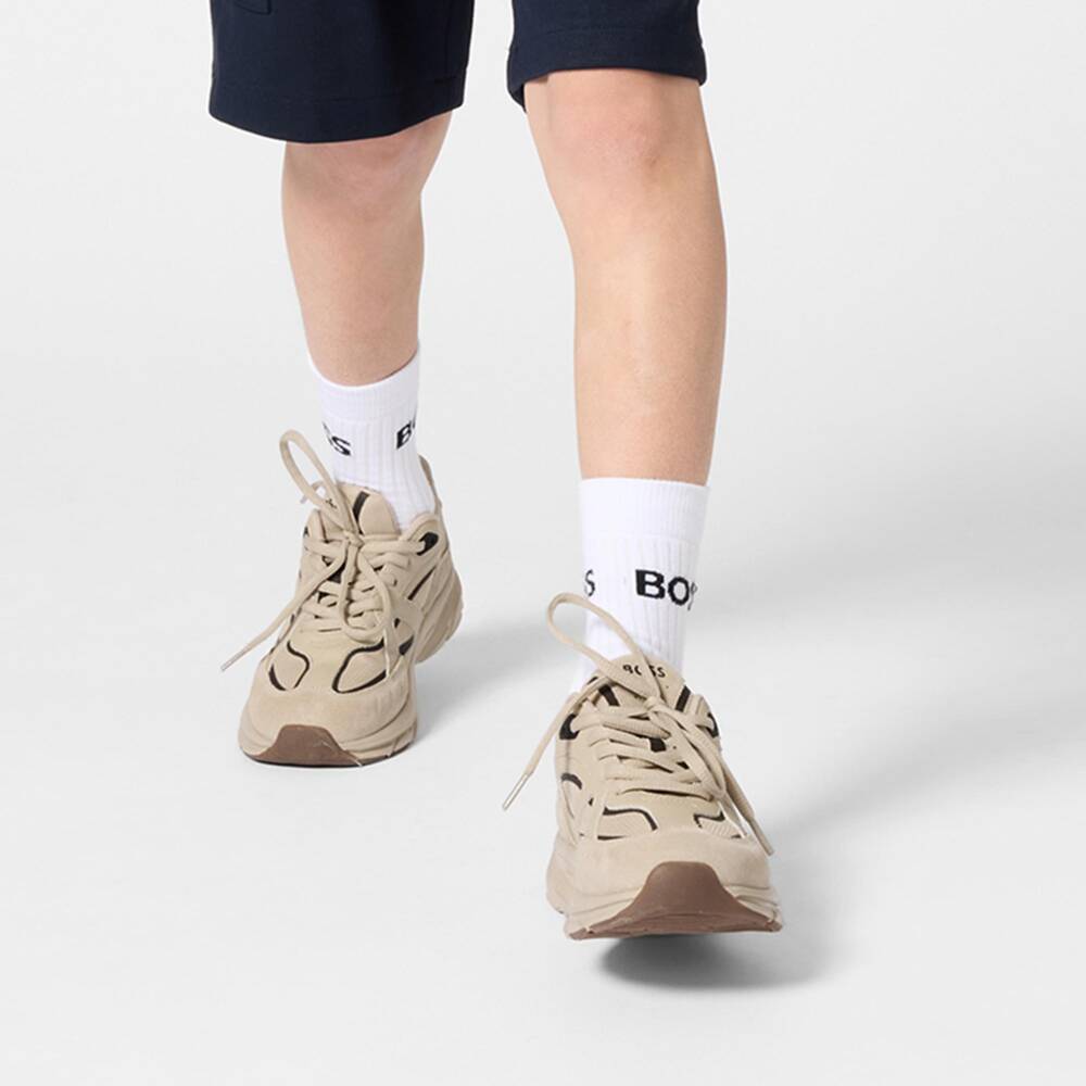 BOSS-Boys Beige Leather & Mesh Logo Trainers | Childrensalon Outlet