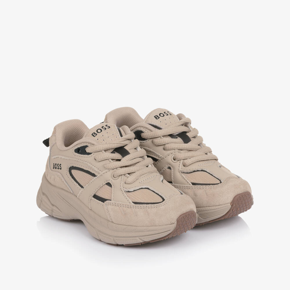 BOSS-Boys Beige Leather & Mesh Logo Trainers | Childrensalon Outlet