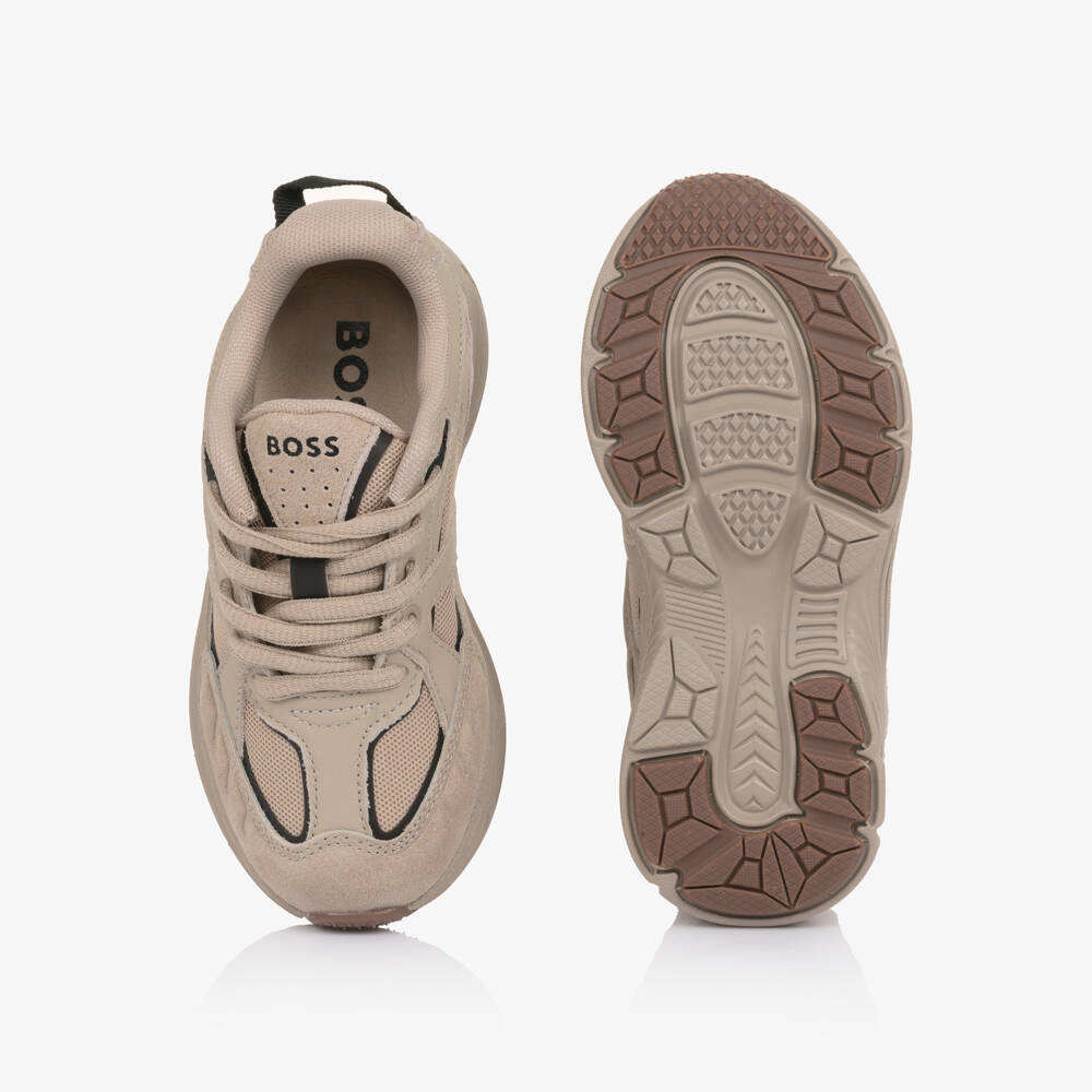 BOSS-Boys Beige Leather & Mesh Logo Trainers | Childrensalon Outlet