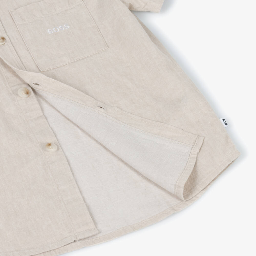 BOSS-Boys Beige Linen Shirt with Pockets & Embroidered Logo | Childrensalon Outlet