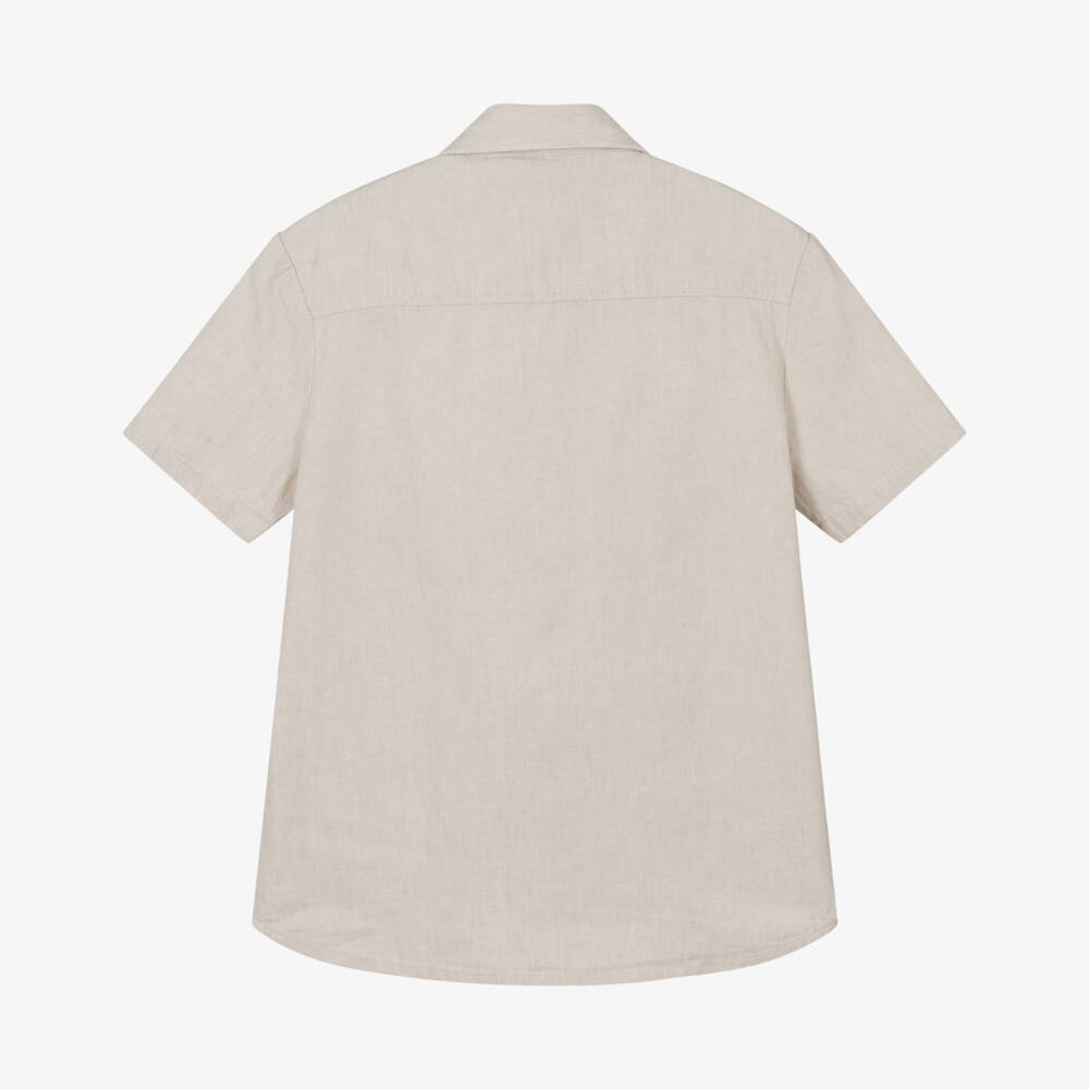 BOSS-Boys Beige Linen Shirt with Pockets & Embroidered Logo | Childrensalon Outlet