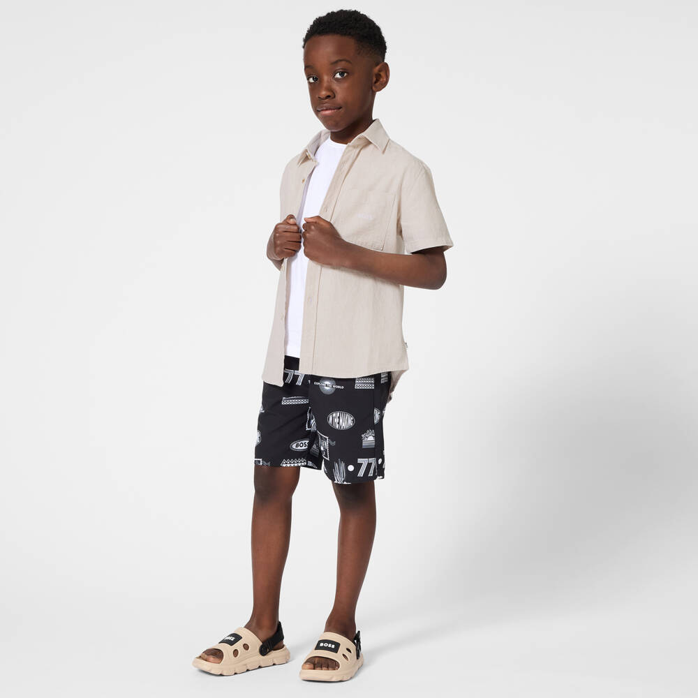 BOSS-Boys Beige Linen Shirt with Pockets & Embroidered Logo | Childrensalon Outlet