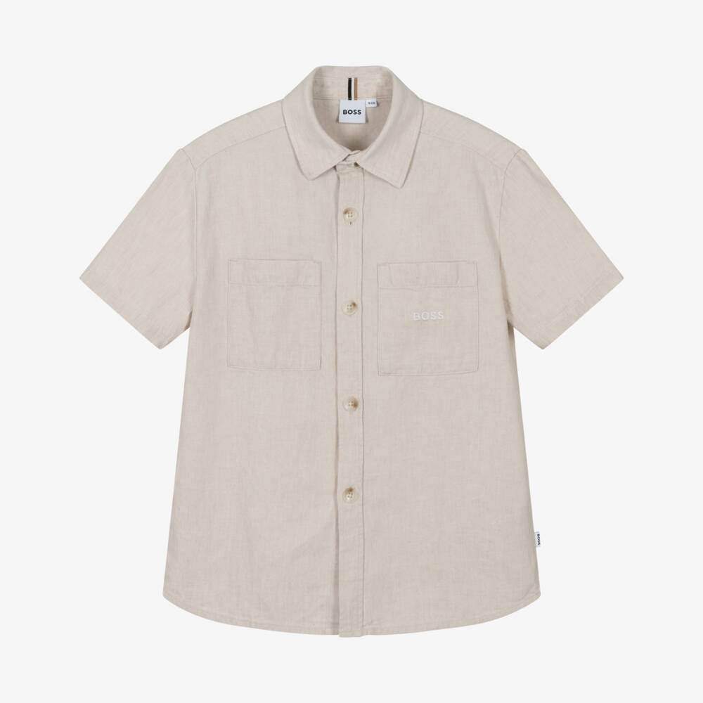 BOSS-Boys Beige Linen Shirt with Pockets & Embroidered Logo | Childrensalon Outlet