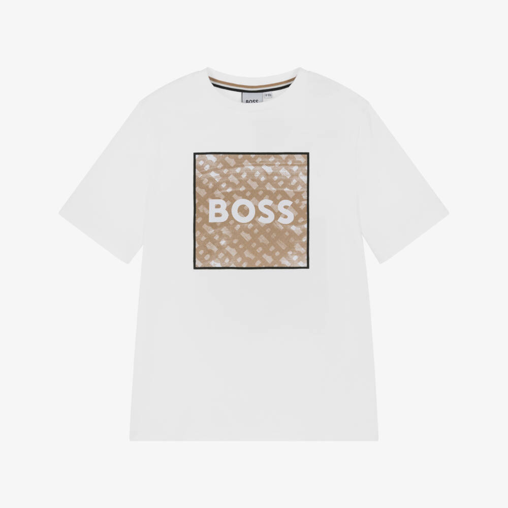 BOSS-Boys Beige Logo Cotton Tee | Childrensalon Outlet