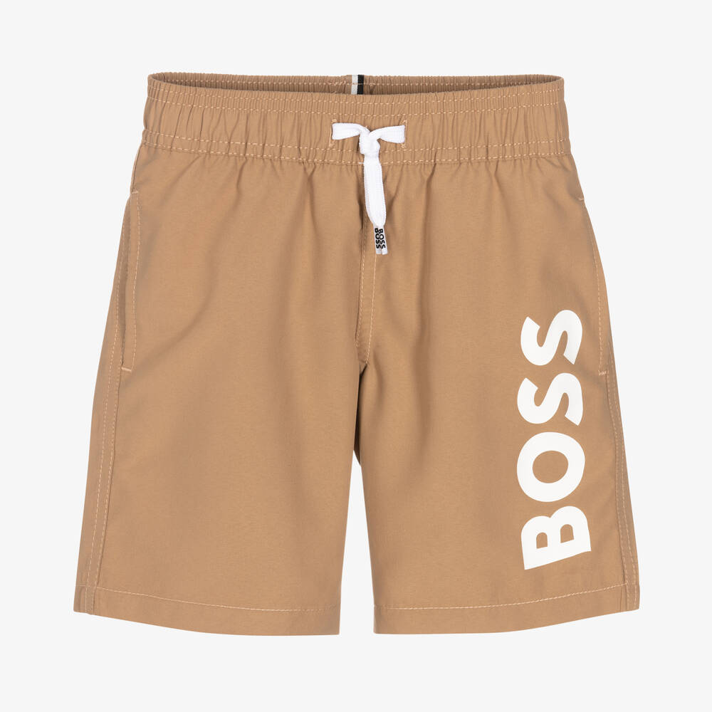 BOSS - Boys Beige Logo Swim Shorts | Childrensalon