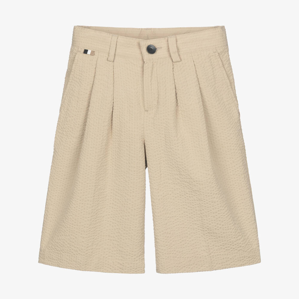 BOSS-Boys Beige Seersucker Bermuda Shorts with Embroidered Logo | Childrensalon Outlet