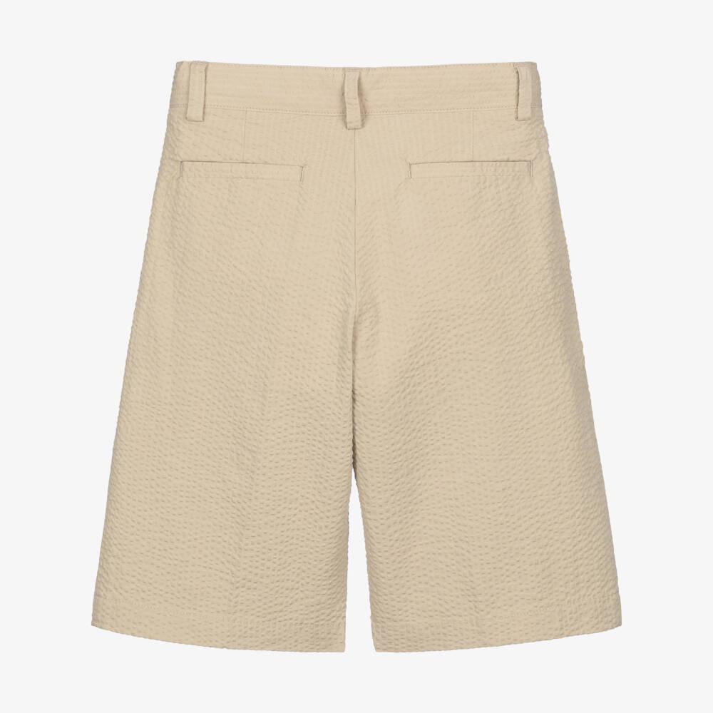 BOSS-Boys Beige Seersucker Bermuda Shorts with Embroidered Logo | Childrensalon Outlet