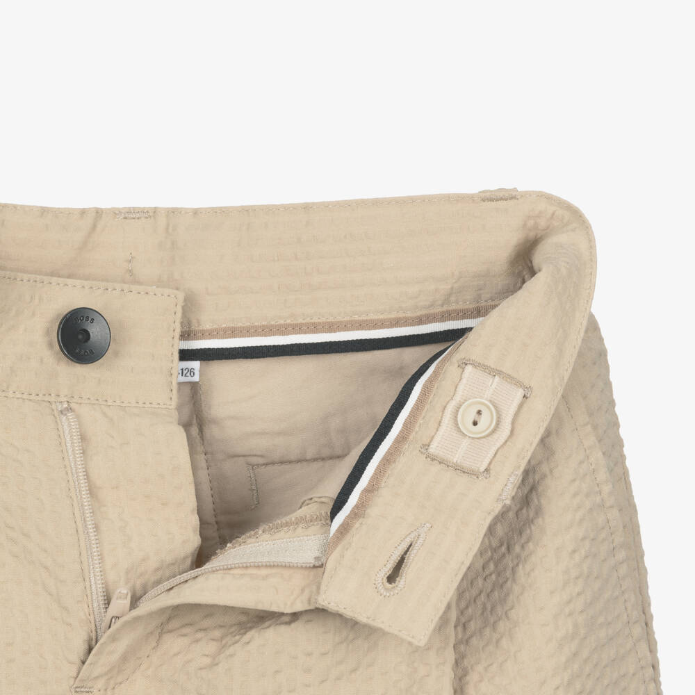 BOSS-Boys Beige Seersucker Bermuda Shorts with Embroidered Logo | Childrensalon Outlet