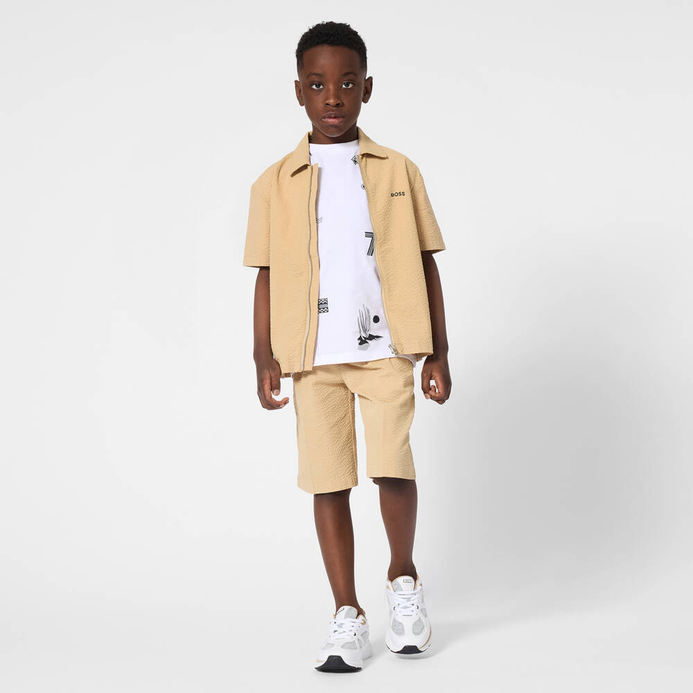 BOSS-Boys Beige Seersucker Zip-Front Shirt with Embroidered Logo | Childrensalon Outlet
