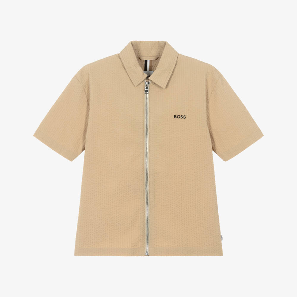 BOSS-Boys Beige Seersucker Zip-Front Shirt with Embroidered Logo | Childrensalon Outlet